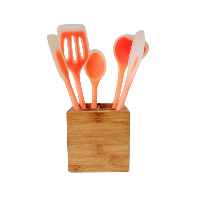 Silicone Utensils Pack with Bamboo Caddy