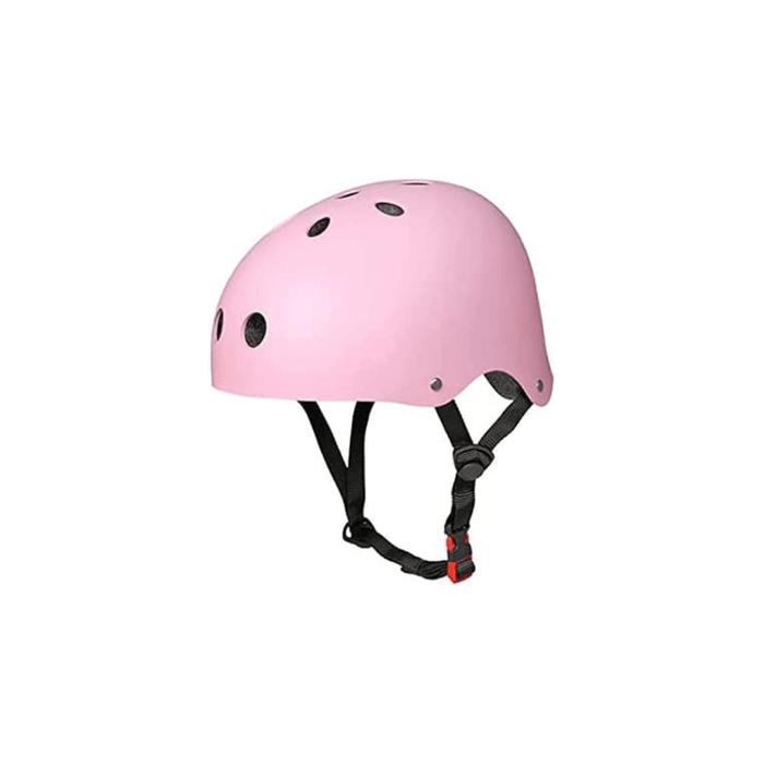 A pink safety skate helmet for kids with ventilation holes and an adjustable chin strap