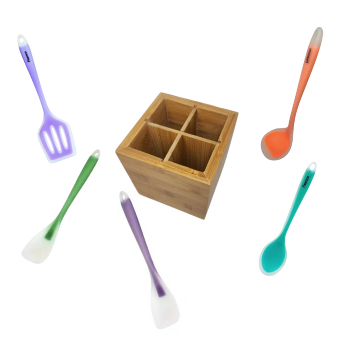 Silicone Utensils Pack with Bamboo Caddy