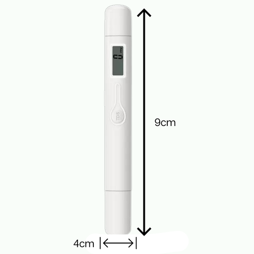 Xiaomi TDS Meter Pen in use, testing water with a digital screen showing results.